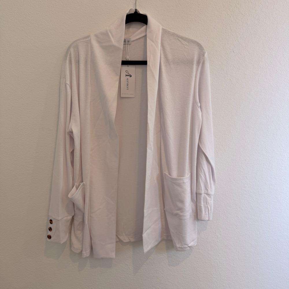 ALFRCFT Women White Open Front Cardigan Shawl Collar Pocket Button Cuff Medium